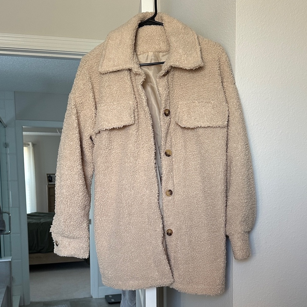 SHEIN Beige Teddy Jacket with Button Detail